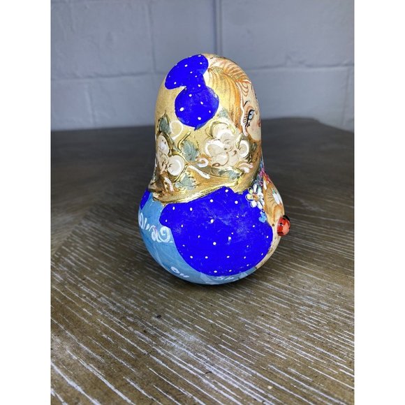 RUSSIAN ROLY POLY WOODEN‎ DOLL NEVALYASHKA Blue Cat Bell Music Ladybug Handpaint - Picture 6 of 9